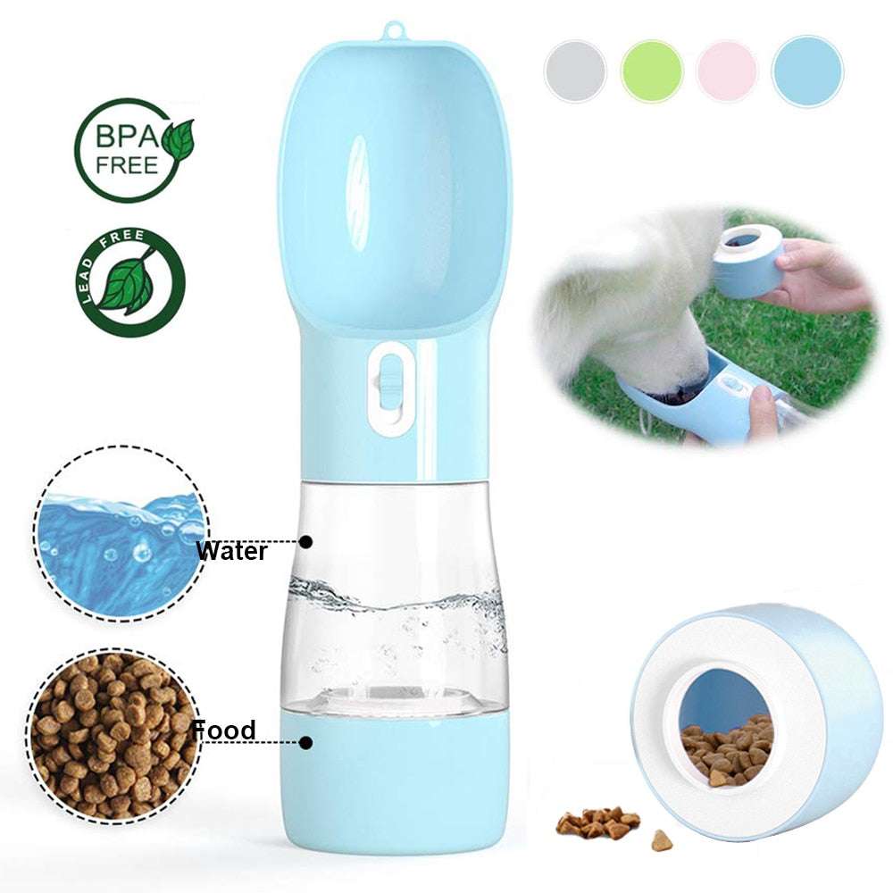 Portable pet water bottle with food storage